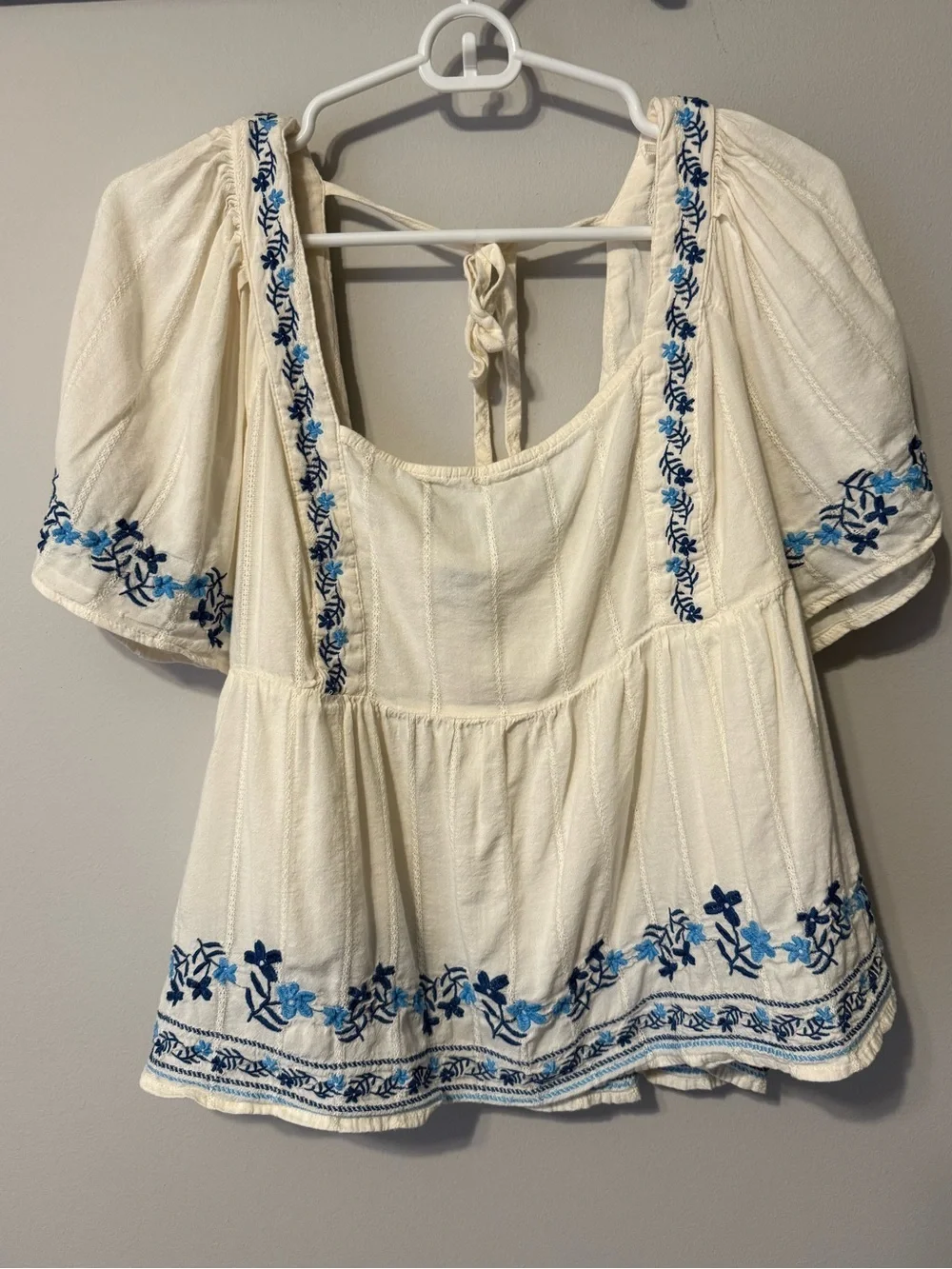 Old Navy Cream Peasant Top with Blue Floral Embroidery